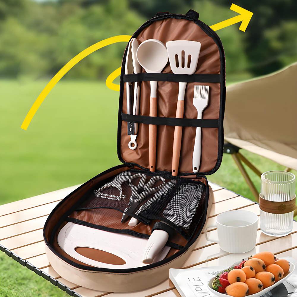 Quality Camping Cooking Set - 10-teiliges tragbares Camping-Kochutensilien-Set, Silikonspatel, Schöpfkelle, Schneidebrett,